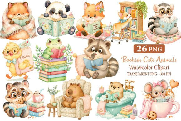 Download Bookish Cute Animals Watercolor Cliparts - Premium Bundle